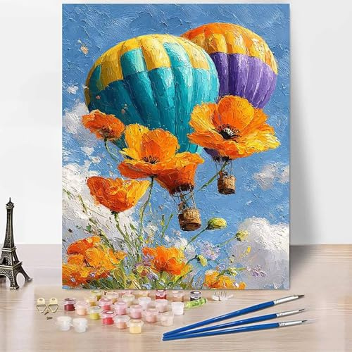 Flowers Paint by Numbers for Adults, DIY Paint by Numbers Hot Air Balloon, Canvas Oil Painting Kit with 3 Paintbrushes, Acrylic Pigment Drawing Paintwork, Gifts 16x24 Inch Without Frame -XY320ND