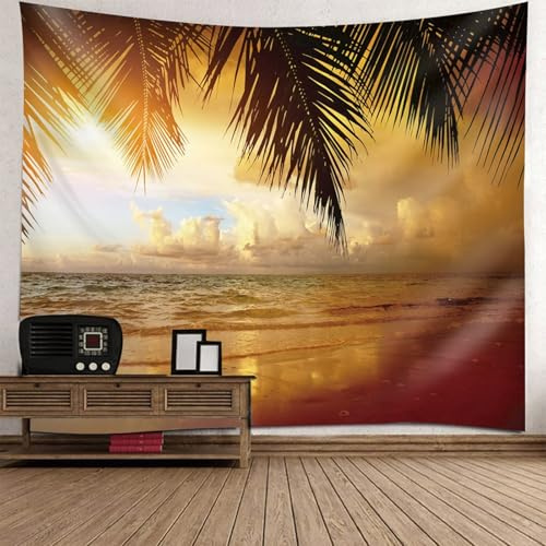 Skcess Tapiz de poliéster, 210 x 140 cm, diseño de hojas de palma en el mar