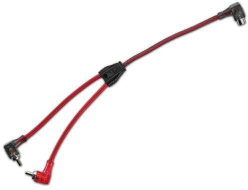 DS18 R1F2M.L Ultra Flex RCA Y Splitter – 1 Female to 2 Male Right-Angle L Connector, 100% OFC Wiring, Braided Jacket, High-Conductivity Car Audio Adapter
