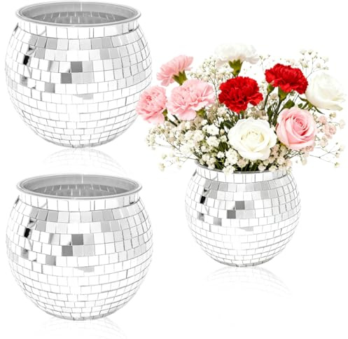 SMUVSMU 2 Pcs Disco Ball Vases,6 X 6.7 Disco Ball Centerpieces Decor,Silver Mirror Plastic Vase Disco Ball Planter for Wedding,Birthday,Office Table Decorations