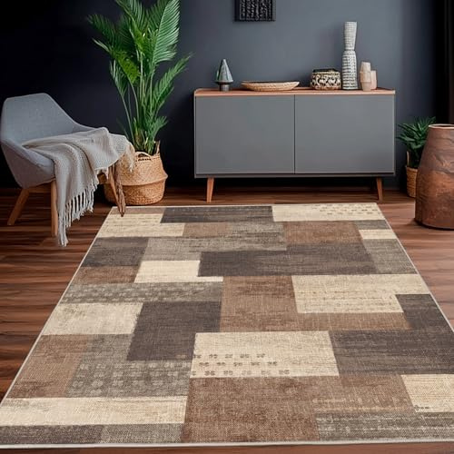 Calinline Beige Large Machine Washable Living Room Rug, 120x160 cm | Floor Mat, Non Slip Bedroom Area Rug, Lounge Modern Indoor Patchwork Carpet for Kitchen Dining Room Office Hallway Entryway