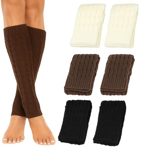 SrgPui Leg Warmers Ladies, 3 Pairs Knit Leg Warmers for Women, Retro Ankle Warmers for Dance Yoga 80s Parties, Soft Stretchy Boot Sleeves in Black Brown Cream