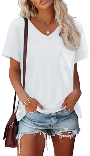 Cuptacc T-shirt damer, sommar, basic, t-shirt, damer, v-ringad, toppar, kortärmad, elegant, sommartoppar med ficka, lösa blusar, Vit, M