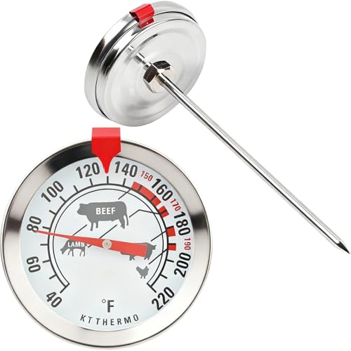 KT THERMO BBQ Meat Thermometer – 2 Dial, 304 Stainless Steel Probe, 40°F–220°F Range, 4.3 Probe, Beef, Pork, Lamb, Chicken Icons for Precise Temperature Reading