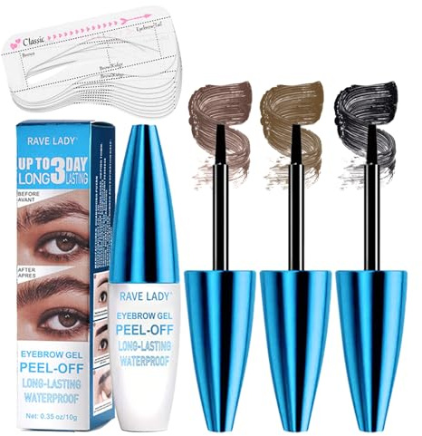 RAVE LADY Lot de 3 gels à sourcils faciles Peel-Off avec 10 pochoirs à sourcils, gel à sourcils pour des sourcils impeccables, résistants à l'eau et à la transpiration, marron, marron clair, gris