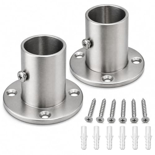 FortWeal 32mm Curtain Pole Holders Rail Bracket, Rod Socket Flange Base, Heavy Duty Clothes Rail End Support, Silver Stainless Steel Wall Mount for Wardrobes, Bedrooms, Windows and Showers, 2-Pack