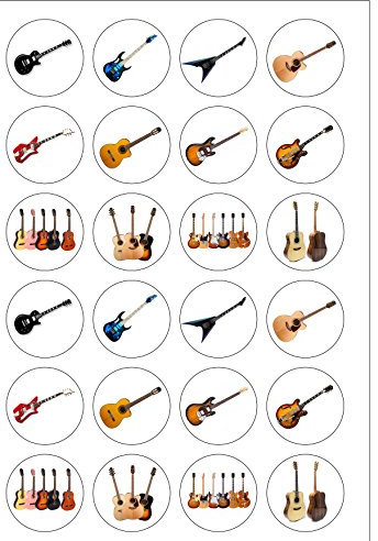 24 Precut Round Edible Wafer Paper Guitar Musical Instrument Themed Cake Toppers Decorations