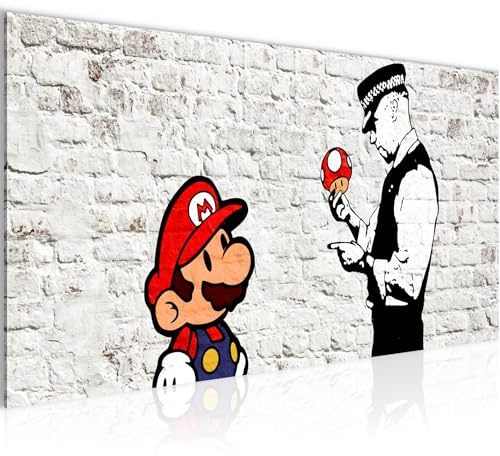 Runa Art Wandbild Mario and Cop Banksy 1 Teilig 100 x 40 cm Modern Bild auf Vlies Leinwand Street Art Jugendzimmer Wohnzimmer Weiss Bunt 006512a