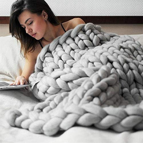 CULASIGN Gestrickte Decke, Grobe Strickdecke Wolle Garn Arm Stricken werfen Super große klobige Stricken Decke Haustier Bett Stuhl Sofa Yoga Matte Teppich (Hellgrau,100 * 120cm)