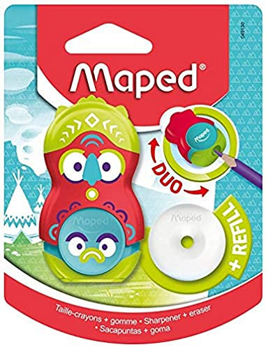 Maped - Duo Anspitzer/Radiergummi Loopy – Anspitzer mit Tank + 1 Loch – weißer Radiergummi drehbar ohne PVC + Nachfüllpackung – mit Schutzkappe – Design Totem Rot/Grün