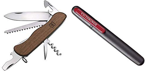 Victorinox Holz Taschenmesser Forester Wood (10 Funktionen, Schalen aus Nussbaumholz, Holzsäge) & Dual-Messerschärfer, Tragbar, Schleifstein für Grobschliff, Keramikplättchen für Feinschliff