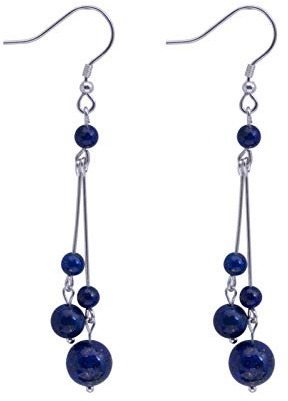 925er Silber Ohrringe Damen, Handgefertigte Klassische Dunkelblaue Lapislazuli Ohrclips Ethnische Runde Perlen Einfache Lange Ohrhaken, Chinesische Art Weibliche Ohrstecker Hypoallergene Schmuckzubeh