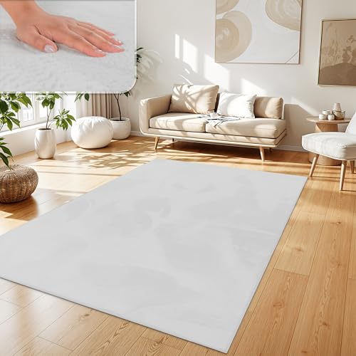 Paco Home Alfombra para Salón en Falsa Piel Suave Lavable Moderna Elegante Fácil de Limpiar Efecto Piel Uni Brillante Fluffy a Pelo Corto, tamaño:160x220 cm, Color:Blanco