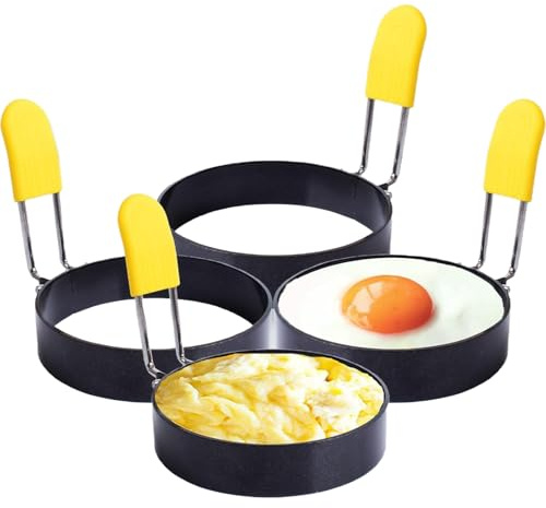 Cdycam Non-Stick Egg Ring Set with Silicone Handle and Brush, Stainless Steel Egg Molds for Frying Pancakes, Mcmuffins (4 pcs)