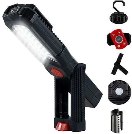 REV LED Arbeitsleuchte TORCH – Kompakte Akku Handlampe mit 360° Magnetfuß & Aufhängehaken, ideal für Werkstatt & KFZ, schwarz-rot