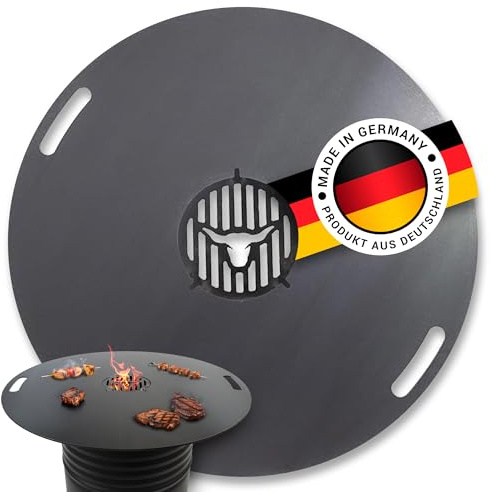 Feuerplatte für Kugelgrill Handgriffe XXL 120 cm,8 mm Stärke #587 – INKL. Grilleinsatz, Grillplatte für Feuertonne & Feuerschale, Massive Stahlplatte Plancha Grillring für BBQ & Teppanyaki