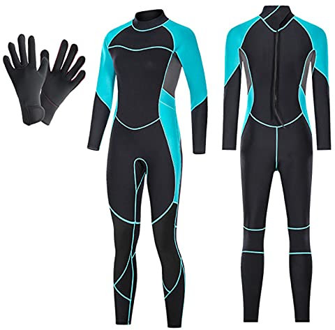HGYJ Damen 3mm Neopren Neoprenanzug,Einteilige Langarmhose Super elastisch Tauchanzüge+ Neoprenhandschuhe,zum Angeln/Schnorcheln/Surfen.,Blue,M