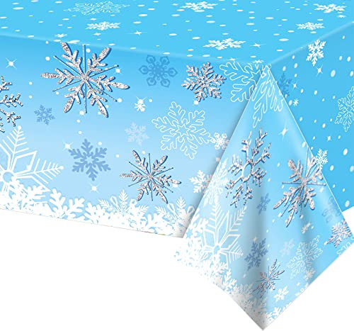 POPOYU Tovaglia per feste di Frozen, tovaglia con fiocco di neve per bambini, 130 x 220 cm, in plastica, impermeabile, per feste invernali e bambine, per feste in inverno, baby shower, Natale