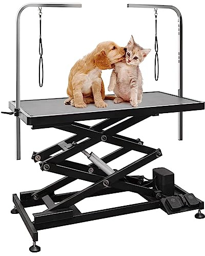UDSONFY Electric Pet Dog Grooming Table, Heavy Duty Grooming Table Professional Double X-Lift for Large Dogs with Anti-Skid Non-Slip, Double Arms and Nooses, Adjustable Height from 13 up to 47 Black