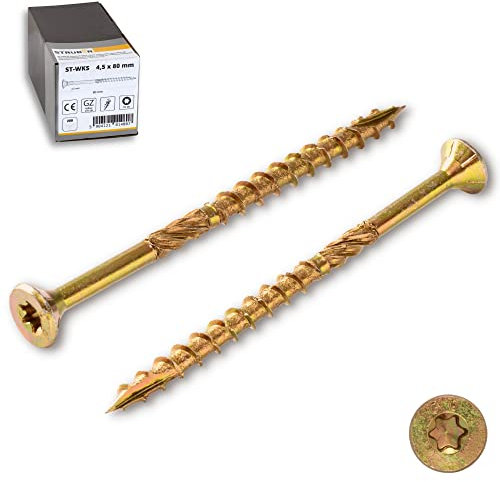 STRÜBER Holzschrauben mit Torx-Antrieb (4,5 x 70 mm / 200 Stück) Holzbauschrauben mit TX-Buchse - Spanplattenschrauben Gelb verzinkt - Senkkopfschrauben für Dachkonstruktionen - Universalschrauben