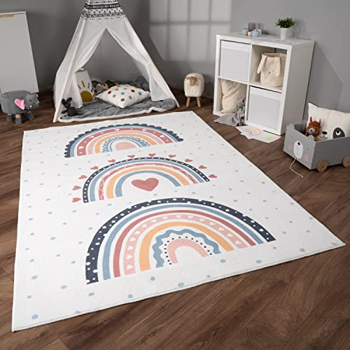Paco Home Teppich Kinderzimmer Kinderteppich Spielteppich Kurzflor rutschfest Krone Herzen Punkte Sonne Regenbogen Buchstaben, Grösse:140x200 cm, Farbe:Bunt 2