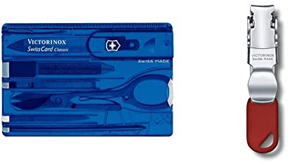Victorinox Swiss Card, Swiss Made Pocket Tool, Credit Card Size, 10 Functions, Pen, Scissors, Blue Transparent & Unisex_Adult 8.2050.b1 Nail Clipper, red, Standard Size