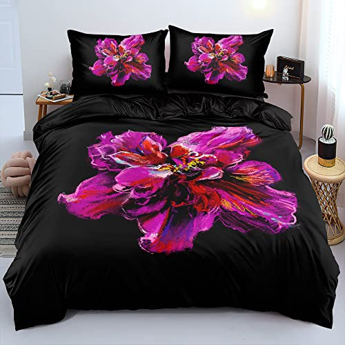 Chanyuan Bettwäsche 135x200cm Blumen Lila Rot Muster Mädchenbettwäsche Set Weich Mikrofaser Blume Schwarz Bettbezug mit Reißverschluss und Kissenbezug 80x80cm