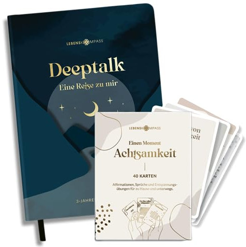 Lebenskompass 3 Jahres Tagebuch DEEPTALK Set mit 40 Achtsamkeitskarten mit mit Affirmationen, Inspirationen und Motivationskarten - Tagebuch Set für Selbstreflexion