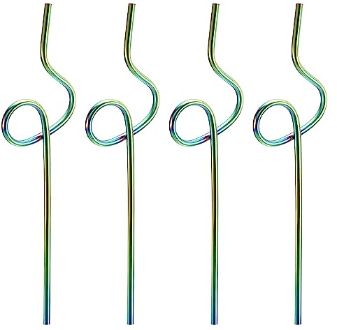 sourcing map 4Pcs Reusable Metal Straws, 10.6 Curly Shape Stainless Steel Straw for Drinking Juice, Beverage, Cold Drink (6mm OD, Rainbow)