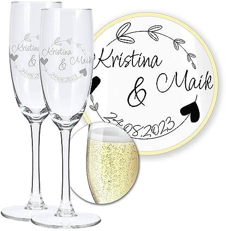 LALALO Sektgläser Champagnerglas Set 2er, mit Gravur personalisiert mit Namen Wunschtext Datum, Geschenk zur Hochzeit Verlobung Standesamt, Hochzeitsgeschenk Hochzeitstag Jahrestag Jubiläum, 18cl