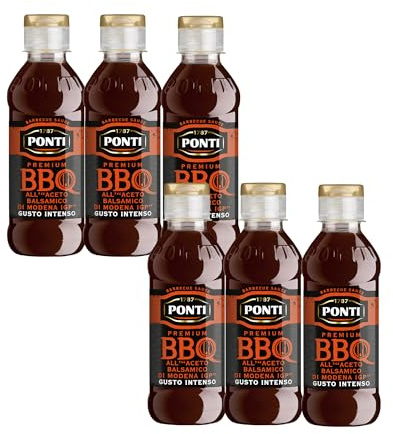 Ponti, Salsa Premium BBQ all'Aceto Balsamico di Modena IGP, Salsa Barbecue con Gusto Intenso ed Affumicato, Ideale per Hamburger e Verdure Grigliate, 100% Made in Italy, 6 Bottiglie da 250 g