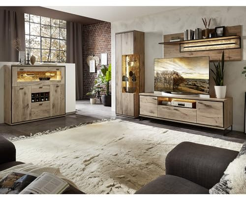 Lomadox Wohnmöbel Set Wohnwand braun 4-teilig Modern, 1 Vitrine, 1 Highboard, 1 Lowboard, 1 Wandboard
