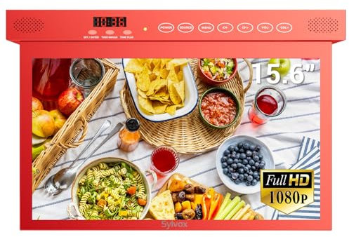 SYLVOX 15.6 Pollici TV per Cucina Ribaltabile, Mini Smart Android Televisore 1080P FHD - 12V Pieghevole a 90°, Girevole ± 180° | DVB-T2/S2 | USB | Kitchen Televisione per Camper, Camera - Rosso