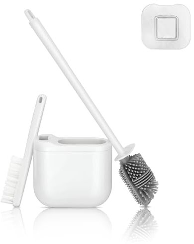 Toski Klobürste Silikon Ohne Bohren, Toilettenbürste, WC Bürste Set Mit Einer Kleinen Bürste, WC Bürstengarnitur Wandmontierter Langer Griff, Klobürste Weiß Schnelles Trocknen TPR-Material