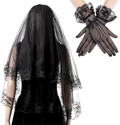 YAEISM Schwarzer Spitzenschleier und Handschuhe Set schwarzer Hochzeitsschleier kurze Spitzenhandschuhe schwarzer Schleier für Frauen Junggesellinnenabschied Braut Beerdigung Halloween Schleier