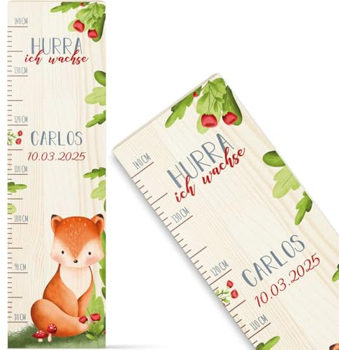 GRAVURZEILE Messlatte für Kinder aus Holz - Tiergruppe Wald - mit Namen für Kinderzimmer - Skala misst 80-140 cm - Größe 20 x 70 x 2 cm - Geschenk zur Geburt für Mädchen & Jungen - Fuchs