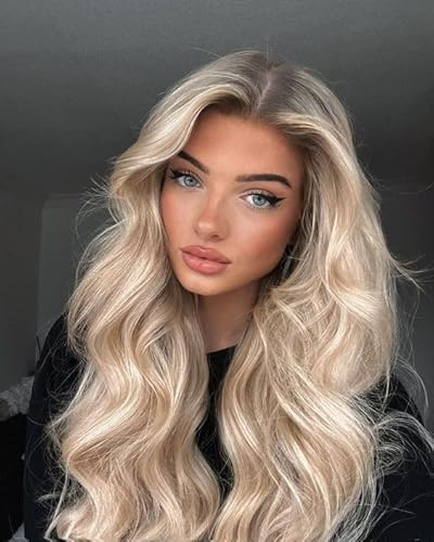 VEBONNY Ombre Blonde Lange gewellte Lace Front Perücken, Mittelteil Sommer Beach Wave Synthetische Perücken, Realistisch aussehende Lace Perücke für den täglichen Gebrauch VEBONNY-088-A