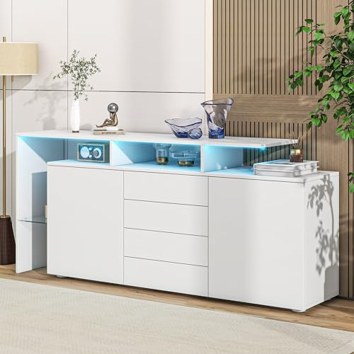 Lexiou Kommode, Sideboard mit LED, Wohnzimmermöbel in Weiß Hochglanz, Wohnzimmerschrank, Standschrank, TV-Schrank, Wohnzimmerwand, Highboard, Mehrzweckschrank, LED-Vitrine, Buffetschrank Esszimmer