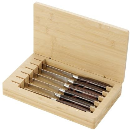 SanheKit couteaux à steak, acier inoxydable, acier 5cr15MoV, manche en bois, design pleine soie, couteau à viande dentelé, couteaux de table tranchants(6p avec boîte en bambou)