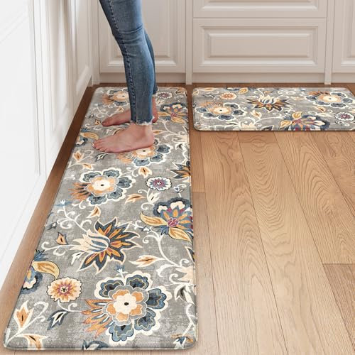 LEEVAN Anti-Ermüdungs-Matten für Küchenböden, gepolsterte Memory-Schaum, blau-grau, Küchenmatten für Boden, Komfort, Blumenmuster, Boho, rutschfeste Küchenbodenmatte für Spüle, Wäsche (44 x 73 cm + 44