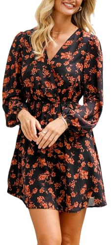 CUPSHE Women's V Wrap Dress Neck Ditsy Floral Mini Dress Long Sleeve A Line Dress Surplice Short Dress Black Orange Floral L