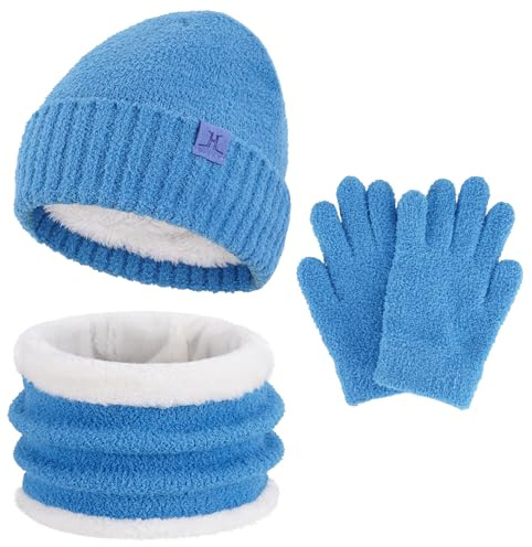 Enfant Garçon Fille Hiver Chapeau Bonnet Echarpe Gants Ensemble 4 5 6 7 8 Ans Polaire Bonnets Pom Casquette Cache Cou Gant Cadeaux pour Filles Garçons