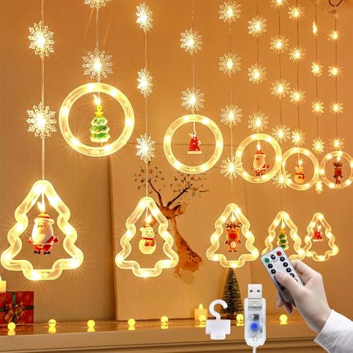Schneeflocken Sterne Lichterkette 3M USB Weihnachten Lichter 8 Modes 110 LEDs Lichtervorhang Lichter mit Remote Weihnachtsmuster Weihnachtsbeleuchtung für Weihnachten Hochzeit Schlafzimmer Deko