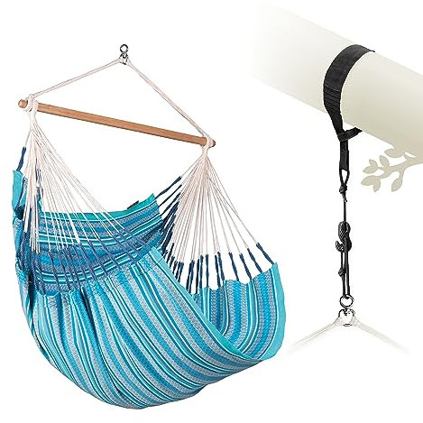 LA SIESTA® Habana Baumwoll Hängesessel & Baum- & Pfosten-Befestigung - Hängesessel für Indoor Outdoor Schlafzimmer, Sitz Hängeschaukel für Garten, Groß Hängesessel - 2 Personen Comfort Size, Azure