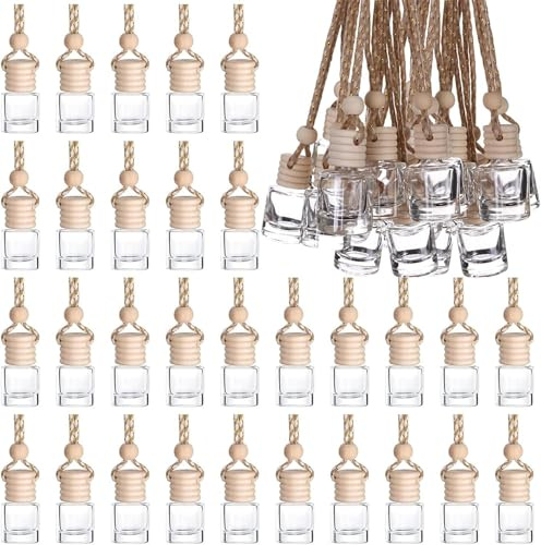 ohbien 30Pcs 8ml Hanging Car Air Freshener Diffuser Empty, Cylindrical Car Air Freshener Perfume Bottle with Wooden Caps Clear Glass Essential Oil Diffuser Bottle for Home Office Perfume Decor