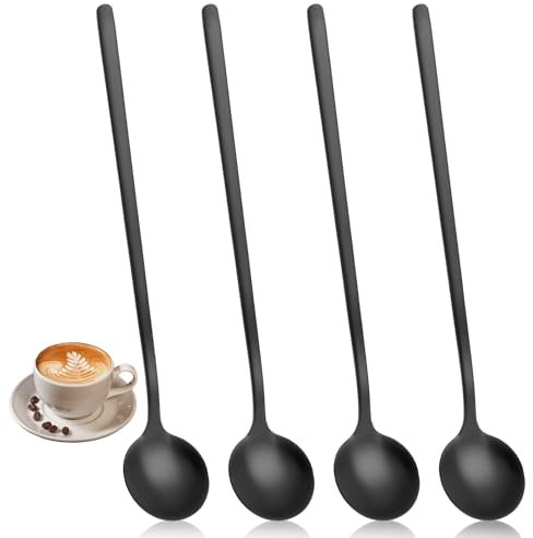 Wanmu 4Pcs Black Stainless Steel Coffee Spoons, 6.7 Inches Mini Teaspoons Set, Iced Tea Spoon, Espresso Stirring Spoon, Matte Black Teaspoons, Dessert Spoon, Large Round Head Spoon