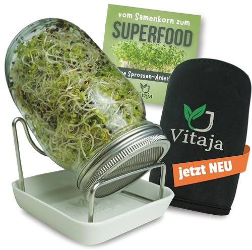 Vitaja Sprossenglas Keimglas Set mit Keramikschale - Set für Sprossen Anzucht - (inkl. Abdunklungshülle) - Keimgläser für Sprossenzucht - Anzuchtset für die Fensterbank (1er Set)