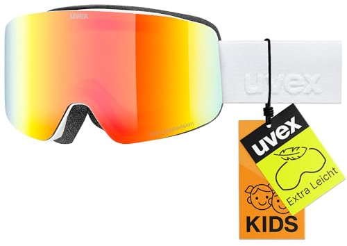 uvex pwdr FM - stylische, verspiegelte Skibrille mit weitem Sichtfeld und Anti-Fog-Beschichtung mit ausgewachsenen Features für Kinder - white matt/rainbow-clear - one size