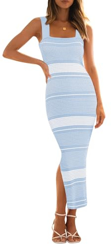 MEROKEETY Womens Summer Striped Bodycon Midi Dress 2026 Beach Vacation Sleeveless Tank Ribbed Knit Baby Shower Sweater Dress, New Blue, M