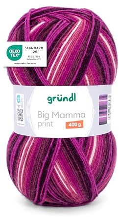 Gründl Big Mamma Print - Laine XXL à tricoter - grosse pelote 400 g / 1040 m - dégradé de laine en 100% polyacrylique - fuchsia-framboise-bordeaux-blanc